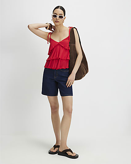 Red Cotton Rib Ruffle Cami Top
