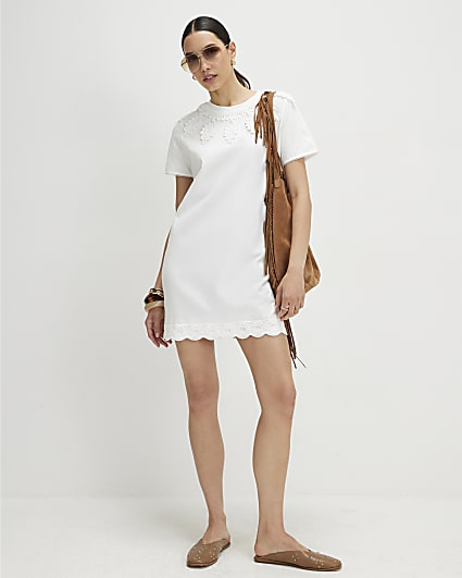 White Cotton Embroidered Mini T-shirt Dress