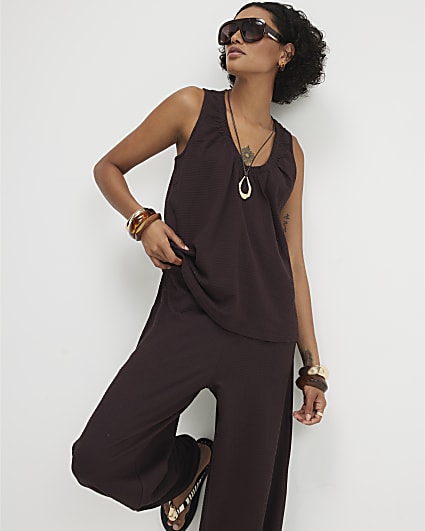 Brown Cotton Blend Textured V Neck Top