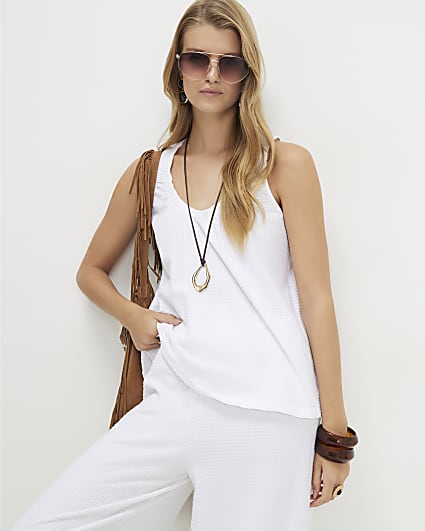 White Cotton Blend Textured V Neck Top
