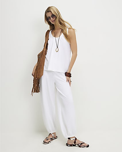 White Cotton Blend Textured Cuffed Joggers