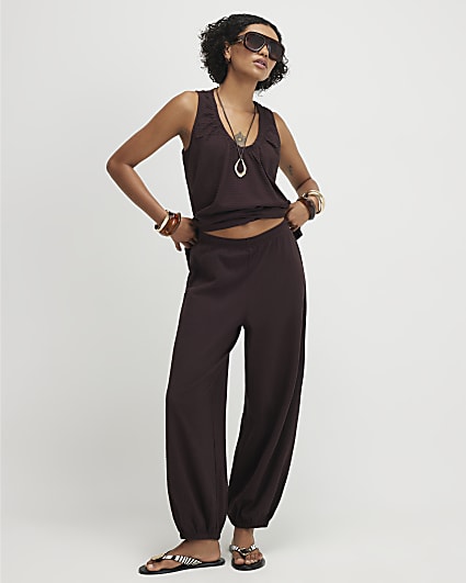 Brown Cotton Blend Textured Cuffed Joggers