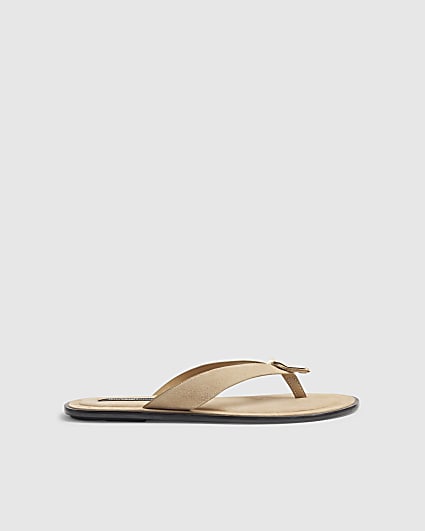 Beige Suede Toe Thong Flat Sandals