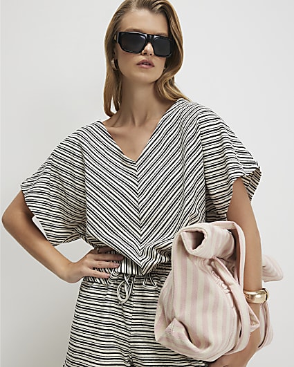 Black Cotton Stripe V Neck Batwing T-Shirt