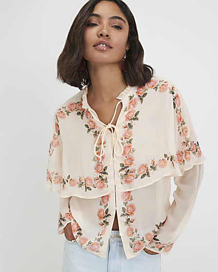 Cream Floral Print Cape Detail Top