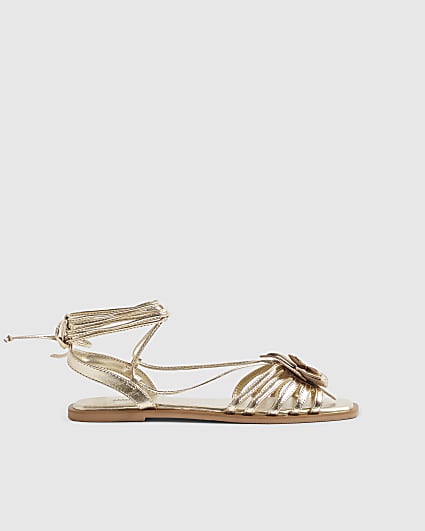 Gold 3D Flower Strappy Sandals
