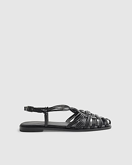 Black Leather Caged Sandals