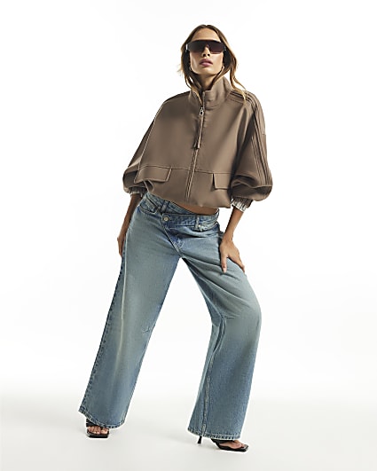 Blue Washed Asymmetric Fly Barrel Leg Jeans