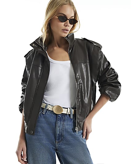 Brown Faux Leather Funnel Neck Jacket