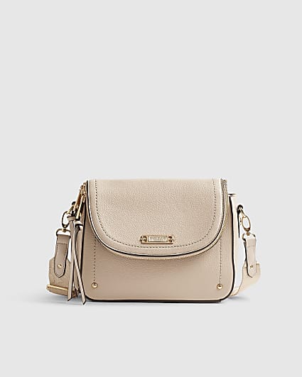 Beige Zip Flap Over Crossbody Bag