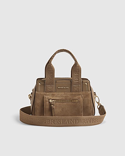 Beige Webbing Handle Tote Crossbody Bag