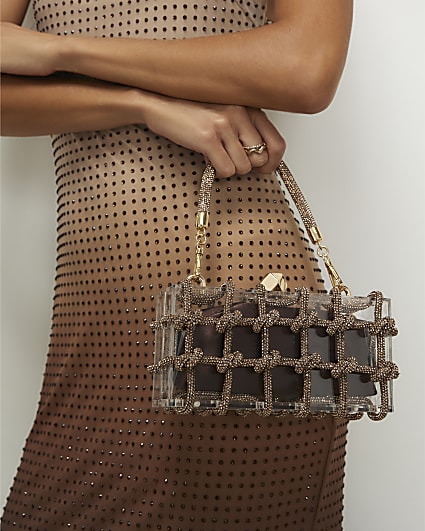 Brown Diamante Rope Clear Clutch Bag