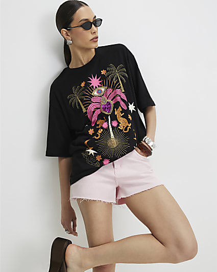 Black Short Sleeve Printed T-Shirt