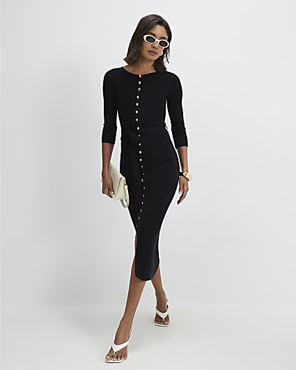 Black Knit Belted Ribbed Midi Dress