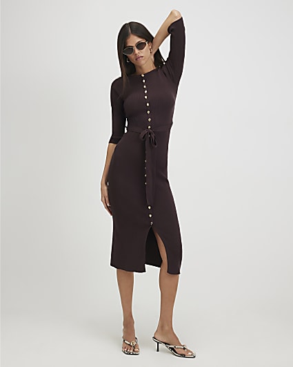 Brown Knit Belted Ribbed Midi Dress