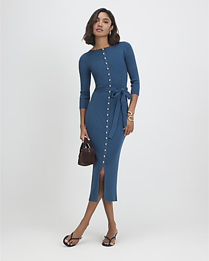 Green Knit Belted Ribbed Midi Dress