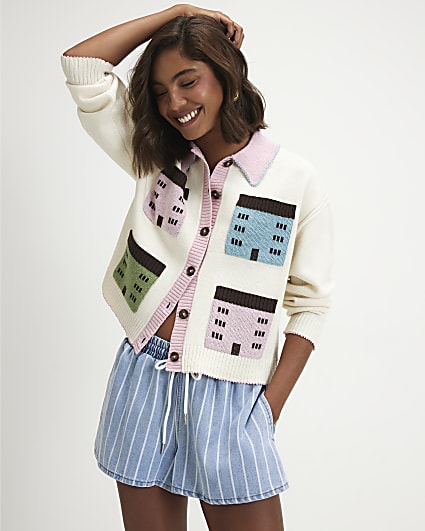 Cream Multi House Collared Cardigan