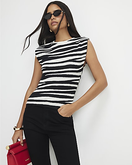 Black Zebra Knit Fitted Brunch Top