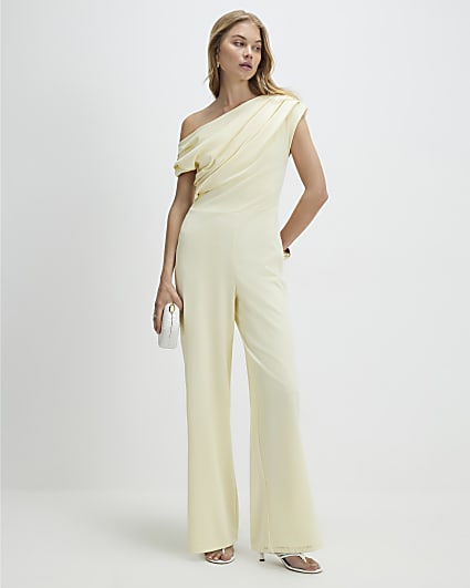 Yellow Short Sleeve Asymmetric Drape Jumpsuit