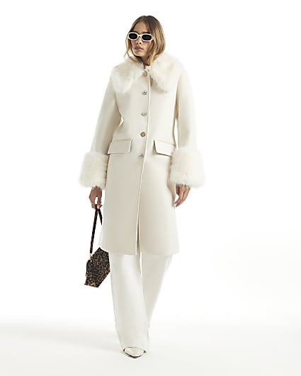 Cream Faux Fur Trim Coat