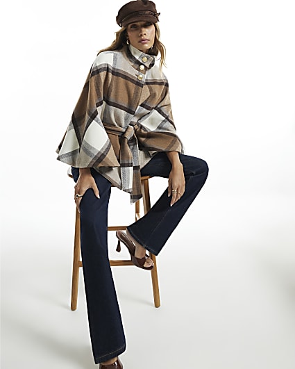 Cream Check Funnel Neck Belted Cape Coat