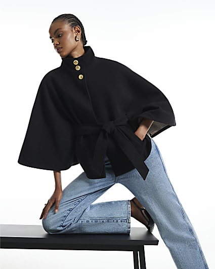 Black Funnel Neck Belted Cape Coat