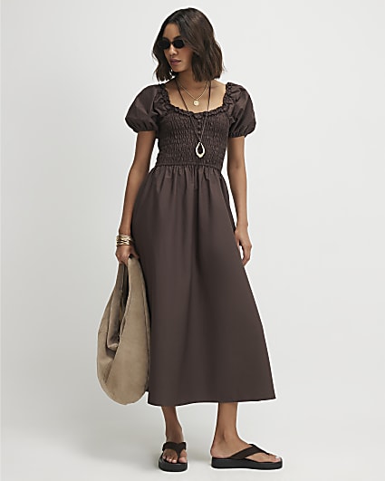 Brown Cotton Shirred Midi dress