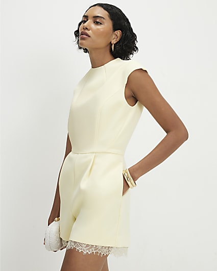 Yellow Short Sleeve Lace Trim Playsuit