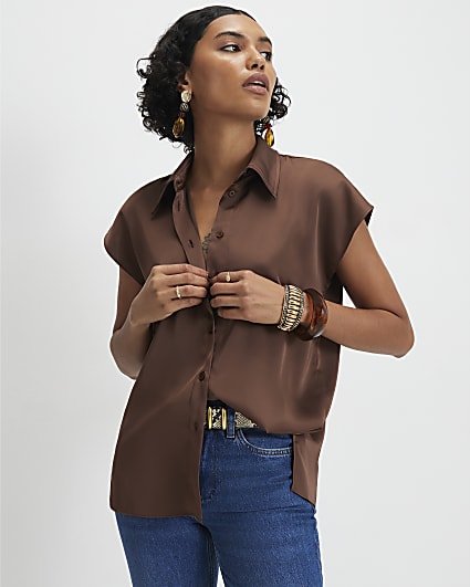 Brown Satin Sleeveless Shirt