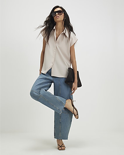 Beige Satin Short Sleeve Shirt