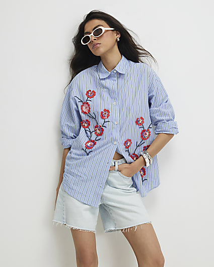 Blue Cotton Floral Embellished Boutique Shirt