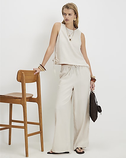 Beige Linen Blend Wide Leg Trousers