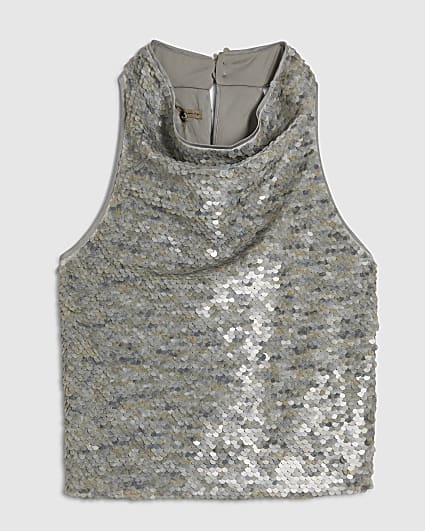 Petite Grey Sequin Cowl Halter Neck Top