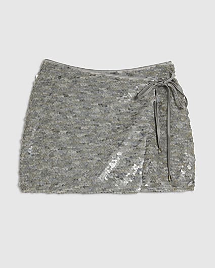 Petite Grey Sequin Wrap Mini Skirt