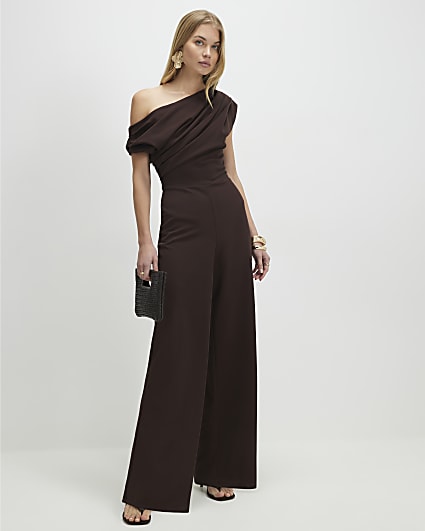 Brown Short Sleeve Asymmetric Drape Jumpsuit