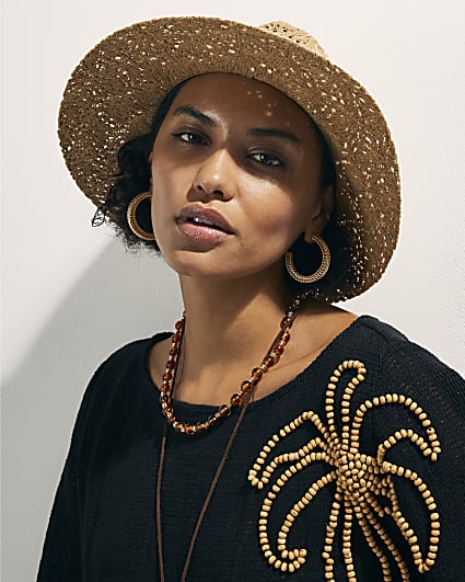 Beige Cut Out Studded Fedora Hat