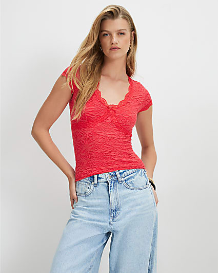 Red Cap Sleeve Textured Lace Trim Top