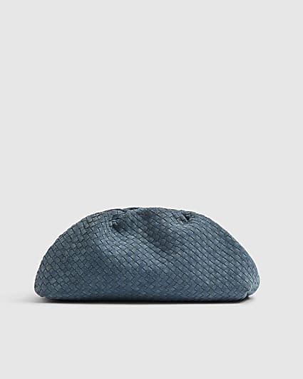 Blue Suede Ruched Woven Clutch Bag