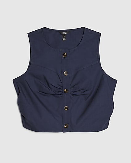 Navy Petite Ruched Poplin Waistcoat