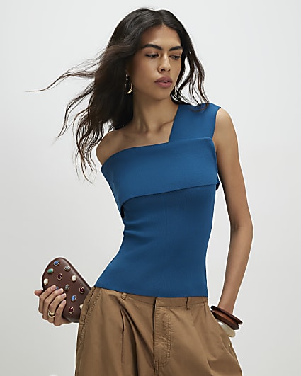 Blue One Shoulder Bardot Top