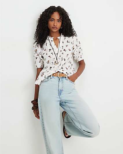 Cream Floral Textured Pintuck Blouse