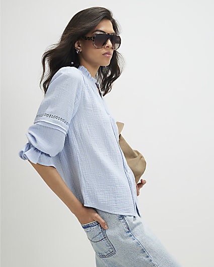 Blue Cotton Frill Sleeve Pintuck Blouse