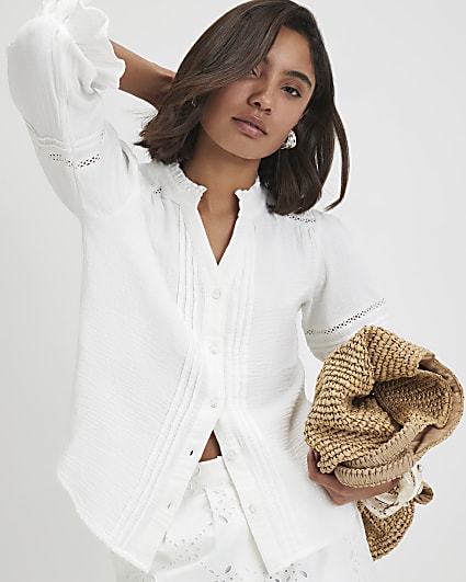 White Cotton Frill Sleeve Pintuck Blouse