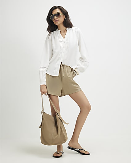 White Cotton Long Sleeve Pintuck Blouse