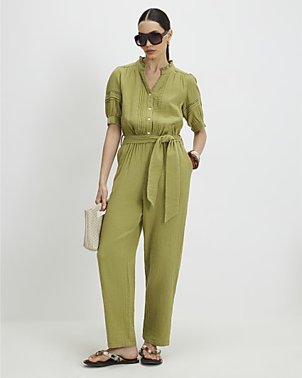 Khaki Cotton Textured Jumpsuit