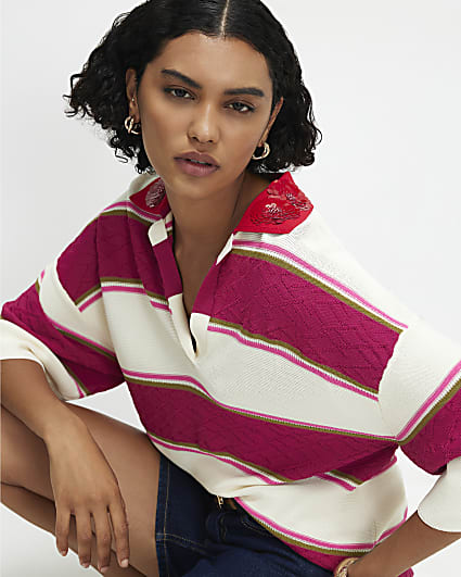 Pink Colour Blocked Knit Diamante Polo Top