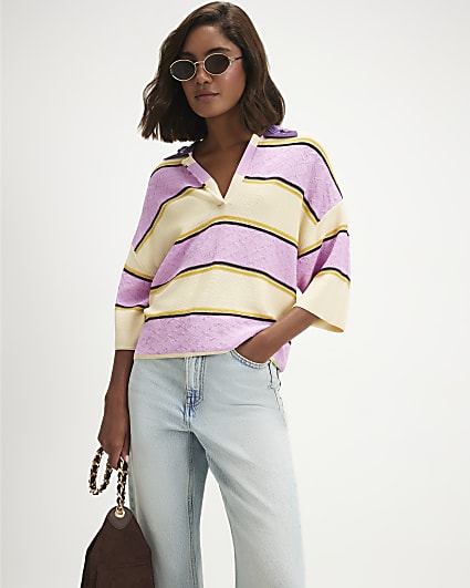 Yellow Stripe Knit Diamante Collar Polo Top
