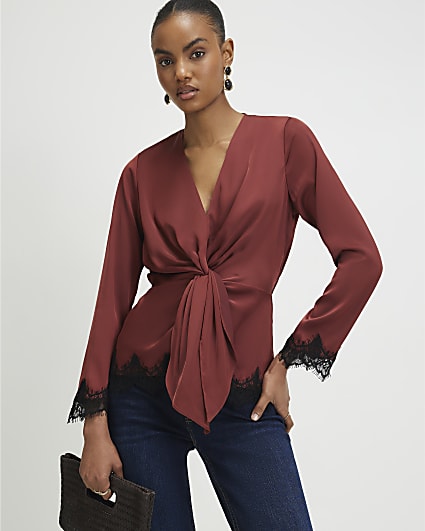Brown Knot Front Lace Top