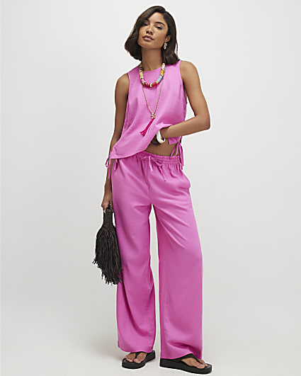 Pink Linen Blend Wide Leg Trousers