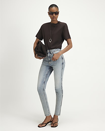Blue Cropped Distressed Denim Cigarette Jeans